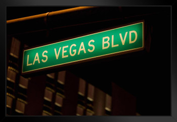 Las Vegas Blvd Street Sign Las Vegas Nevada Illuminated at Night Photo Art Print Black Wood Framed Poster 20x14