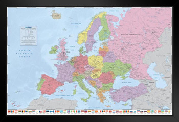 Political Map of Europe Flags Reference Educational Black Wood Framed Poster 14x20