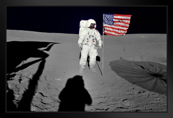 Astronaut Space Walk Moon American Flag United States Space Program Photograph Black Wood Framed Art Poster 14x20
