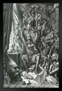 Gustave Dore Don Quixote In His Library French Printmaker Black And White Illustration Black Wood Framed Art Poster 14x20