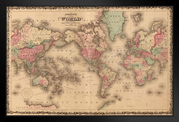Map Of The World Mercators Projection A J Johnson 1860 Vintage Historical Cartographic Print Black Wood Framed Poster 20x14