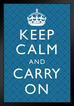 Keep Calm Carry On Motivational Inspirational WWII British Morale Blue Plaid Black Wood Framed Poster 14x20