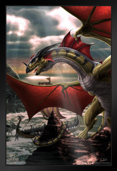 The Sentinel Dragon Guarding Port by Tom Wood Fantasy Poster Green Red Dragon Ocean Ship Black Wood Framed Art Poster 14x20