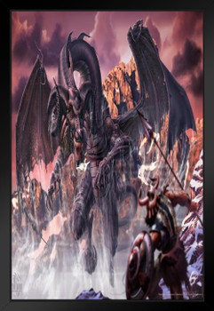 Black Dragon of the North by Tom Wood Fantasy Poster Fierce Horned Dragon Fighting Soldiers Battle Black Wood Framed Art Poster 14x20