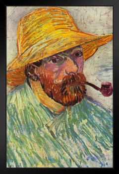 Vincent Van Gogh Self Portrait with Pipe and Straw Hat Van Gogh Wall Art Impressionist Portrait Painting Style Fine Art Home Decor Realism Decorative Wall Decor Black Wood Framed Art Poster 14x20