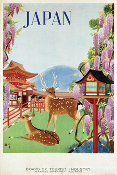 Japan Nara Temple Deer Vintage Illustration Travel Deer Poster Deer Photo Deer Art Deer Pictures Wall Decor Deer Antler Pictures Deer Antler Wall Decor Deer Cool Huge Large Giant Poster Art 36x54