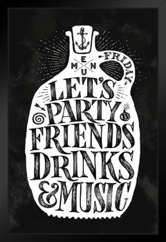 Lets Party Friends Drinks and Music Vintage Art Print Black Wood Framed Poster 14x20