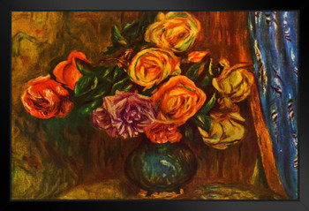 Pierre Auguste Renoir Roses Against a Blue Curtain Realism Romantic Artwork Renoir Canvas Wall Art French Impressionist Art Posters Floral Painting Wall Decor Black Wood Framed Art Poster 20x14