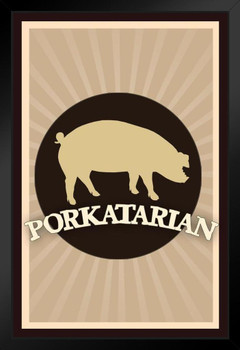 Porkatarian Barbecue BBQ Smoking Pig Hog Foody Cooking Brown Color Burst Black Wood Framed Poster 14x20