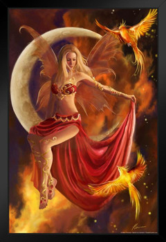 Fire Moon Fairy With Phoenix Bird by Nene Thomas Fantasy Poster Nature Magical Eagle Black Wood Framed Art Poster 14x20