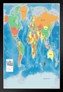 Official 2022 World Map Classroom Reference Chart Vibrant Colors Geography Geographic Chart Updated Educational Miller Projection countries geography Earth Black Wood Framed Art Poster 14x20