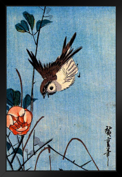 Utagawa Hiroshige Sparrow and Wild Roses Japanese Art Poster Traditional Japanese Wall Decor Hiroshige Woodblock Landscape Artwork Animal Nature Asian Print Black Wood Framed Art Poster 14x20