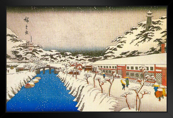 Utagawa Hiroshige Snow at Akabane Bridge in Shiba Japanese Art Poster Traditional Japanese Wall Decor Hiroshige Woodblock Landscape Artwork Snow Asian Print Black Wood Framed Art Poster 20x14