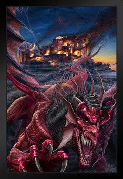 Dragons Night Fire Burning Castle By Tom Wood Fantasy Poster Fierce Red Dragon Breathing Fire Black Wood Framed Art Poster 14x20