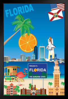 Florida The Sunshine State Travel Sites United States South Miami Beach Sunny Tourism Tourist Illustration Sunset Palm Landscape Pictures Ocean Scenic Scenery Black Wood Framed Art Poster 14x20