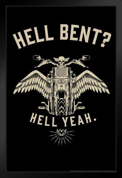 Hell Bent Hell Yeah Motorcycle Bike Retro Biker Poster Vintage Style Skull And Eagle Angel Wings Chopper Black Wood Framed Art Poster 14x20