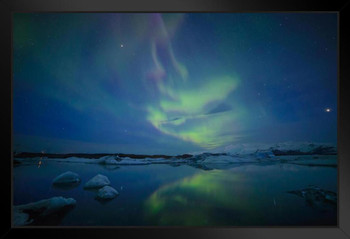 Beautiful Aurora Borealis over Jokulsarlon Lagoon Photo Art Print Black Wood Framed Poster 20x14