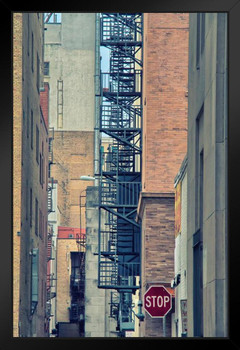 Urban City Alleyway Stop Sign and Fire Escapes Photo Art Print Black Wood Framed Poster 14x20