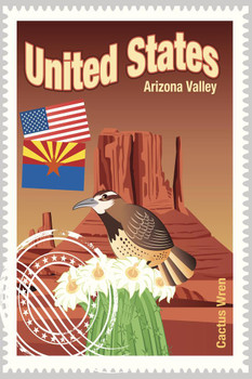 United States Cactus Wren Arizona Valley Travel Stamp Art Print Cool Huge Large Giant Poster Art 36x54