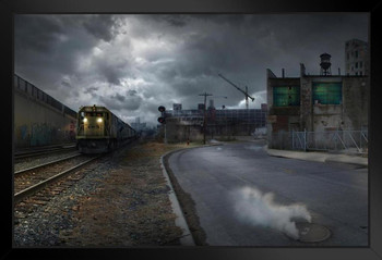 Train on Train Tracks Dilapidated Industrial City Photo Art Print Black Wood Framed Poster 20x14