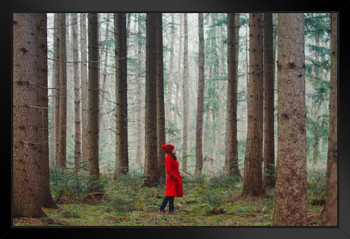 Woman Walking Along Wooded Road in Red Photo Art Print Black Wood Framed Poster 20x14