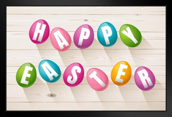 Colorful Easter Eggs Spelling Happy Easter Sign Holiday Spring Bunny Religious Religion Decoration Party Egg Hunt Black Wood Framed Art Poster 20x14