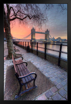 Tower Bridge From a Bench Across Thames River Photo Art Print Black Wood Framed Poster 14x20