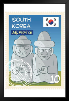 South Korea Jeju Province Dol hareubangs Statues Stamp Art Print Black Wood Framed Poster 14x20