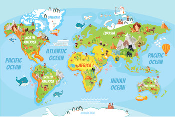 Educational Kids Global World Map Cartoon Animals Travel World Map with Cities in Detail Map Posters for Wall Map Art Geographical Illustration Tourist Cool Wall Decor Art Print Poster 18x12
