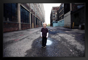 Young Boy Standing in Urban Alley Photo Art Print Black Wood Framed Poster 20x14