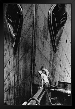 Workers Examining an Ocean Liners Bow Archival Photo Art Print Black Wood Framed Poster 14x20