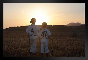 Two Boys in Baseball Uniforms Looking at Sunset Photo Art Print Black Wood Framed Poster 20x14
