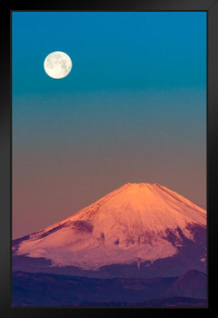 Red Fuji and Full Moon Honshu Island Japan Photo Art Print Black Wood Framed Poster 14x20