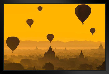 Balloons Flying Over Bagan Myanmar at Dawn Photo Art Print Black Wood Framed Poster 20x14