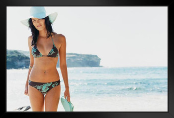 Woman Holding Flip Flops in Bikini and Straw Hat Photo Art Print Black Wood Framed Poster 20x14