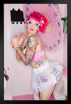 Hot Tattooed Woman Pink Glasses Holding Parasol Photo Art Print Black Wood Framed Poster 14x20