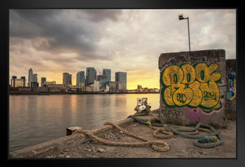 Canary Wharf at Sunset London England UK Photo Art Print Black Wood Framed Poster 14x20