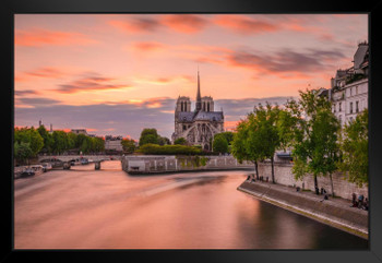 Romantic Sunset Over Notre Dame Paris France Photo Black Wood Framed Art Poster 20x14