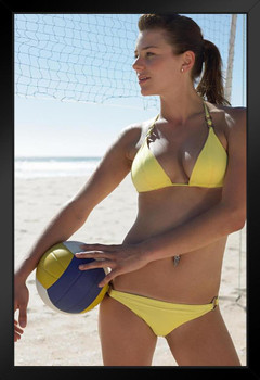 Sexy Young Woman in Bikini Holding Volleyball Photo Art Print Black Wood Framed Poster 14x20