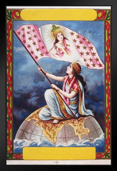 Importers of Cloth from India Goddess on Globe with Flag French Art Print Black Wood Framed Poster 14x20