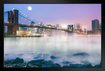 Gotham Fog over East River and Brooklyn Bridge Photo Art Print Black Wood Framed Poster 20x14