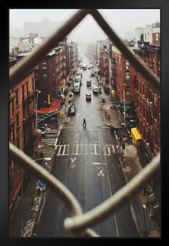 Chinatown Seen Through Fence on a Foggy Day Manhattan New York City Photo Black Wood Framed Art Poster 14x20