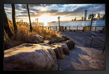 Battery Park Hudson River Water Front Sunset New York City NYC Photo Art Print Black Wood Framed Poster 20x14