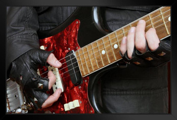 Rock Musician Playing on an Old Red Electric Guitar Frets Photo Photograph Black Wood Framed Art Poster 20x14