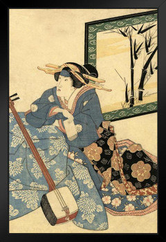 Traditional Japanese Woodblock Female Musician in Kimono Japanese Art Poster Traditional Japanese Wall Decor Hiroshige Woodblock Artwork Asian Print Decor Black Wood Framed Art Poster 14x20