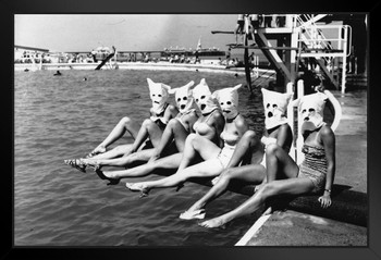Masked Bathers Six Women On Diving Board in Masks Photo Art Print Black Wood Framed Poster 20x14