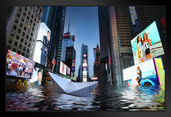 Paper Boat Floating in a Flooded Times Square New York City NYC Photo Art Print Black Wood Framed Poster 20x14