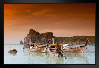 Longboats in the Afternoon Glow in Paradise Ko Phi Phi Don Thailand Photo Art Print Black Wood Framed Poster 20x14