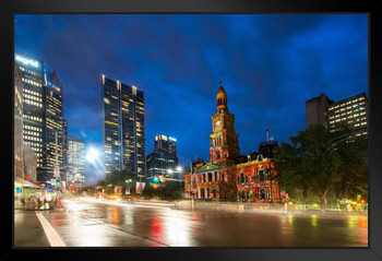 Sydney Town Hall Illuminated at Night New South Wales Australia Photo Art Print Black Wood Framed Poster 20x14