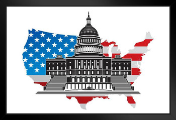 United States Capitol Building with Flag of US Country Outline Art Print Black Wood Framed Poster 20x14